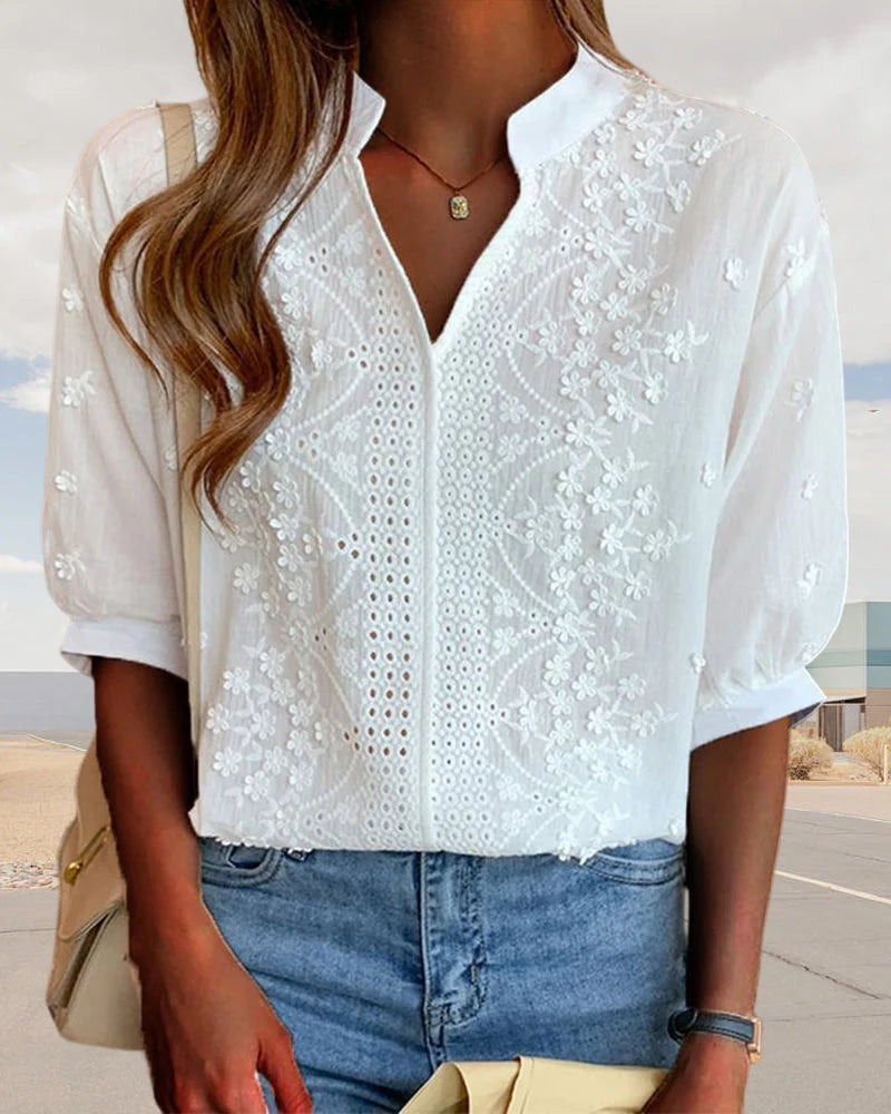 Mistfall Elegance V-Neck Puff Sleeve Blouse