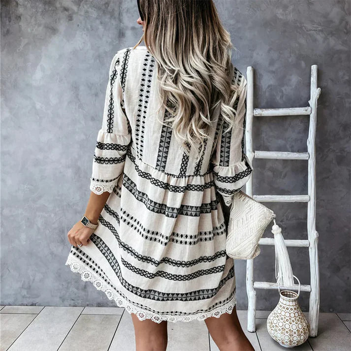 MISTFALL | Elga Ethnic Dress – V-neck boho dress with trumpet sleeves