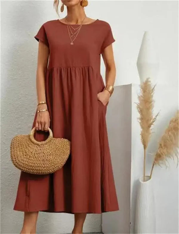 Mistfall Pure Linen Relaxed Midi Dress with Pockets