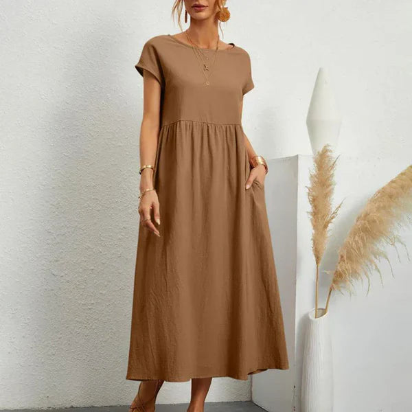 Mistfall Pure Linen Relaxed Midi Dress with Pockets