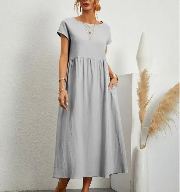 Mistfall Pure Linen Relaxed Midi Dress with Pockets