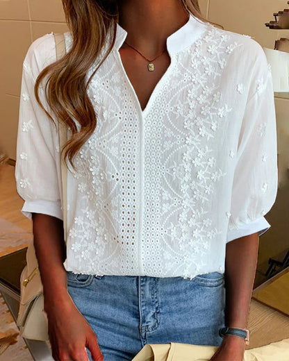 Mistfall Elegance V-Neck Puff Sleeve Blouse