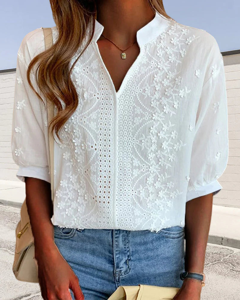 Mistfall Elegance V-Neck Puff Sleeve Blouse