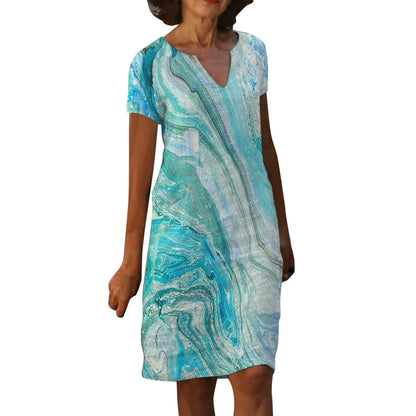 Mistfall Aura Cotton Linen V-Neck Printed Dress