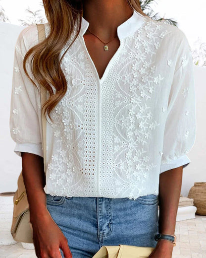 Mistfall Elegance V-Neck Puff Sleeve Blouse