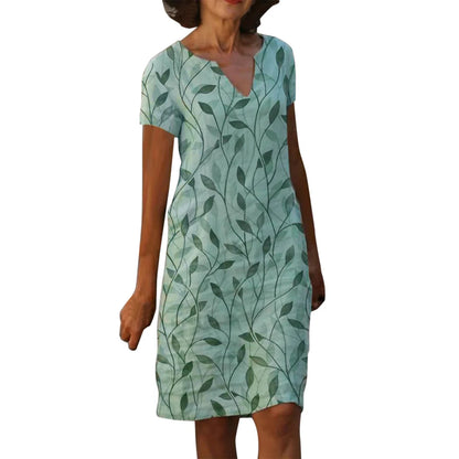 Mistfall Aura Cotton Linen V-Neck Printed Dress