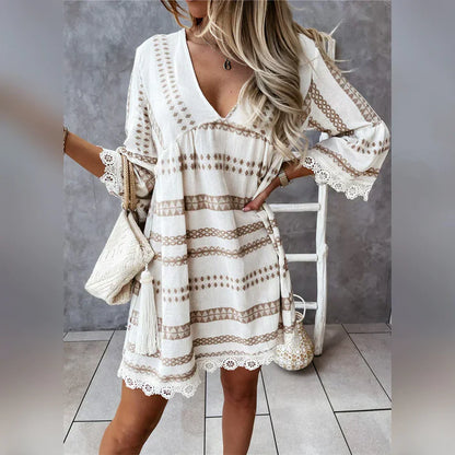 MISTFALL | Elga Ethnic Dress – V-neck boho dress with trumpet sleeves