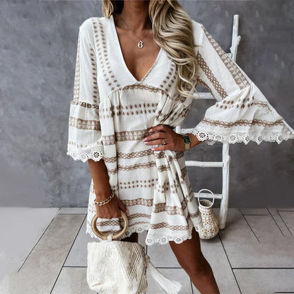 MISTFALL | Elga Ethnic Dress – V-neck boho dress with trumpet sleeves