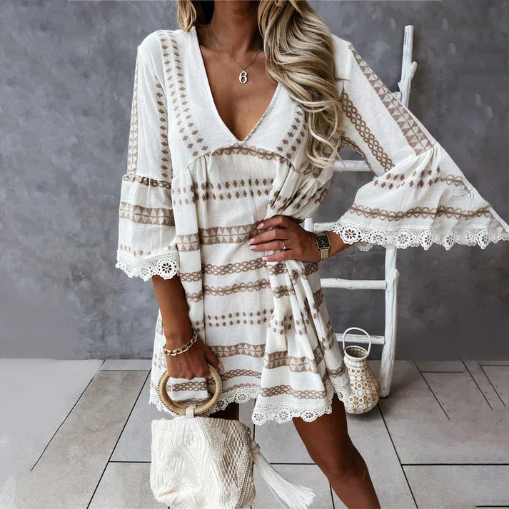 MISTFALL | Elga Ethnic Dress – V-neck boho dress with trumpet sleeves