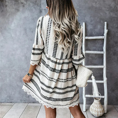 MISTFALL | Elga Ethnic Dress – V-neck boho dress with trumpet sleeves