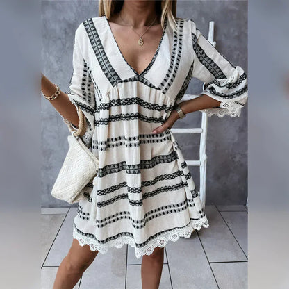 MISTFALL | Elga Ethnic Dress – V-neck boho dress with trumpet sleeves