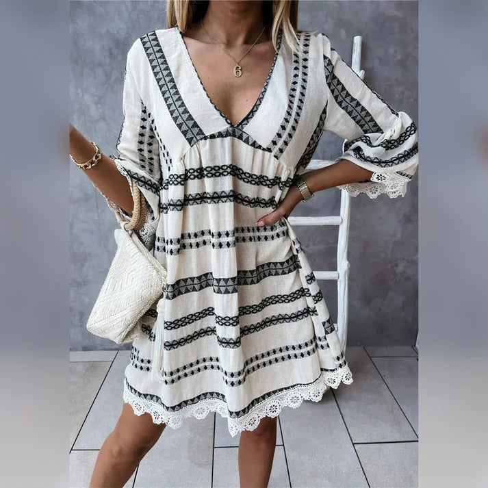 MISTFALL | Elga Ethnic Dress – V-neck boho dress with trumpet sleeves