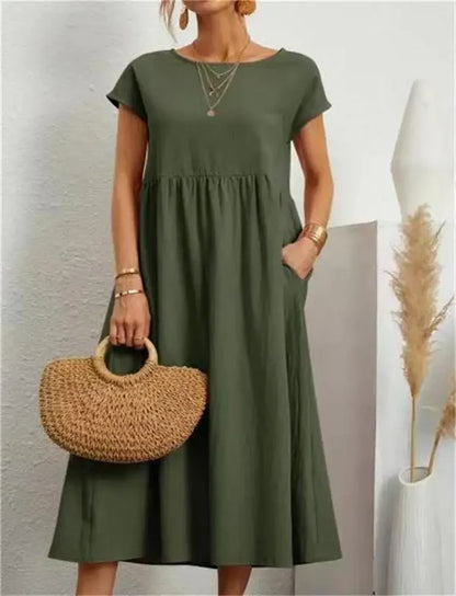Mistfall Pure Linen Relaxed Midi Dress with Pockets