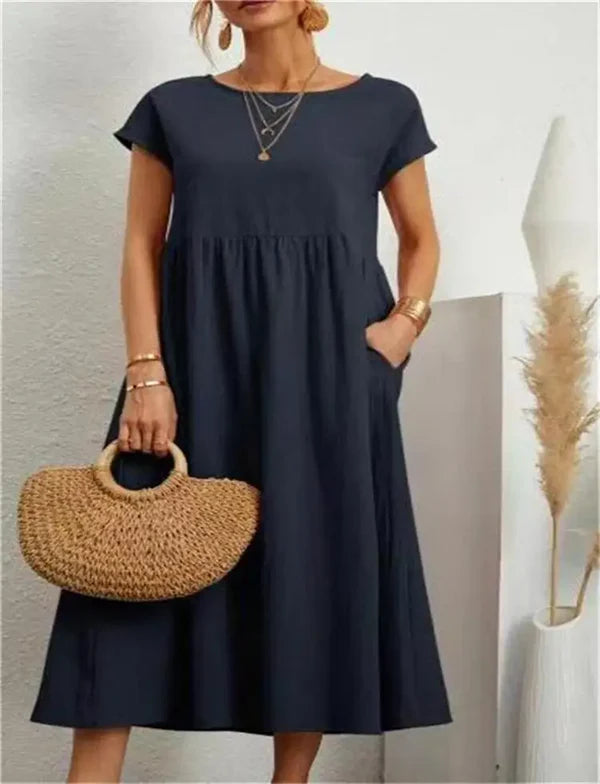 Mistfall Pure Linen Relaxed Midi Dress with Pockets