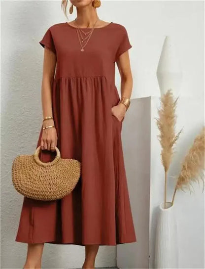 Mistfall Pure Linen Relaxed Midi Dress with Pockets