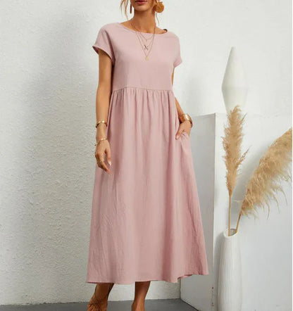 Mistfall Pure Linen Relaxed Midi Dress with Pockets