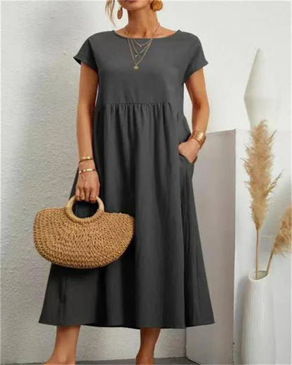 Mistfall Pure Linen Relaxed Midi Dress with Pockets
