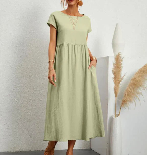 Mistfall Pure Linen Relaxed Midi Dress with Pockets