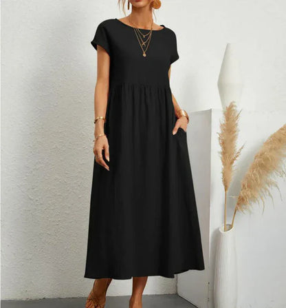 Mistfall Pure Linen Relaxed Midi Dress with Pockets