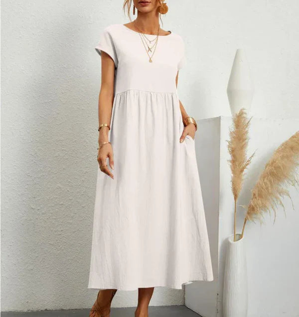 Mistfall Pure Linen Relaxed Midi Dress with Pockets